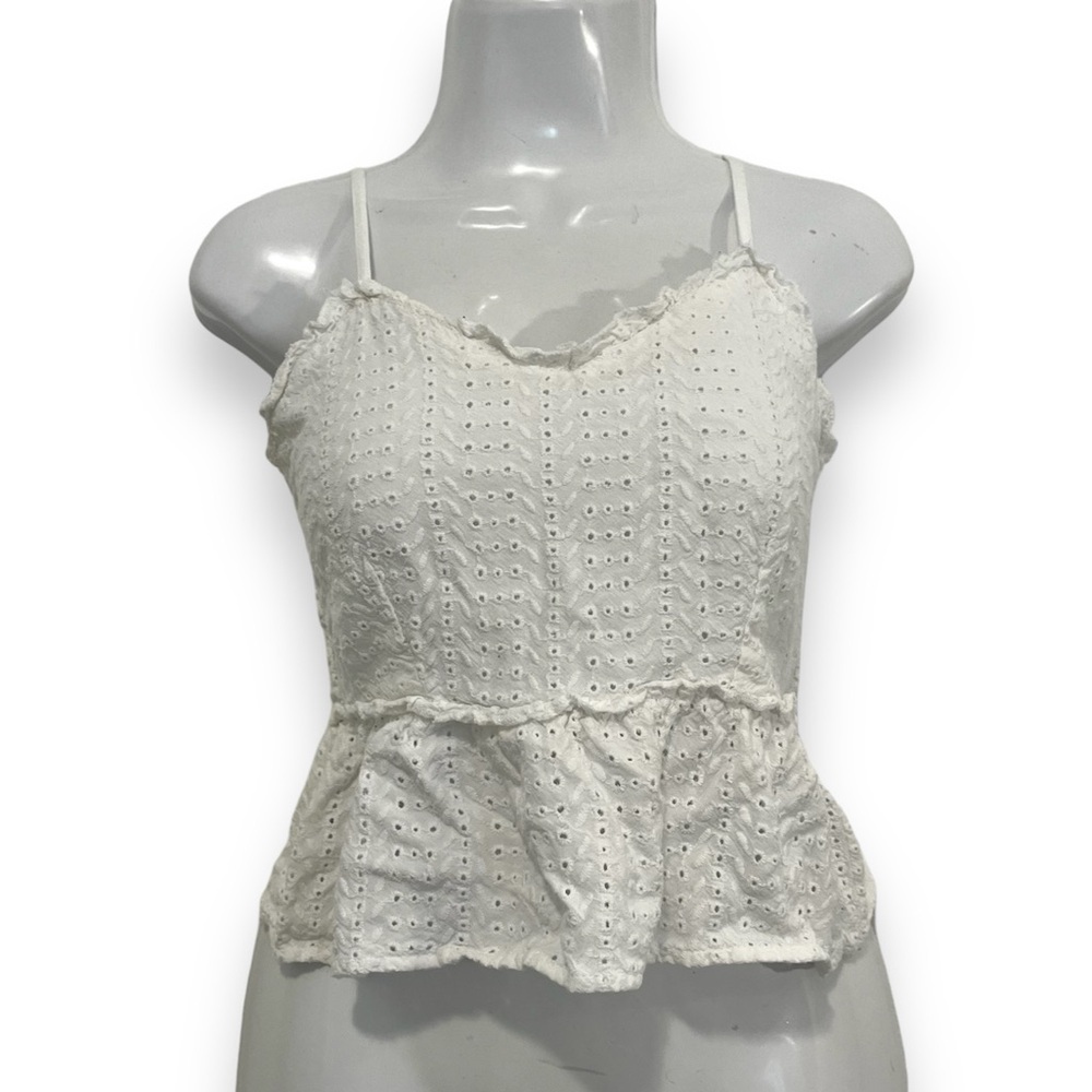 Sim & Sam - White Ruffle Peplum Eyelet Sleeveless Top Size S